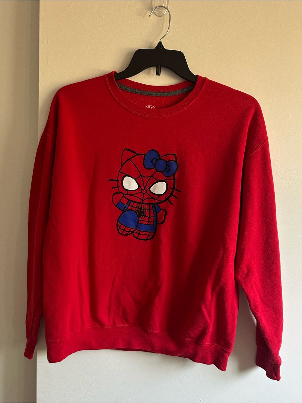 Athletic Works Red Crewneck Sweater with Blue Spider-Kitty Graphic